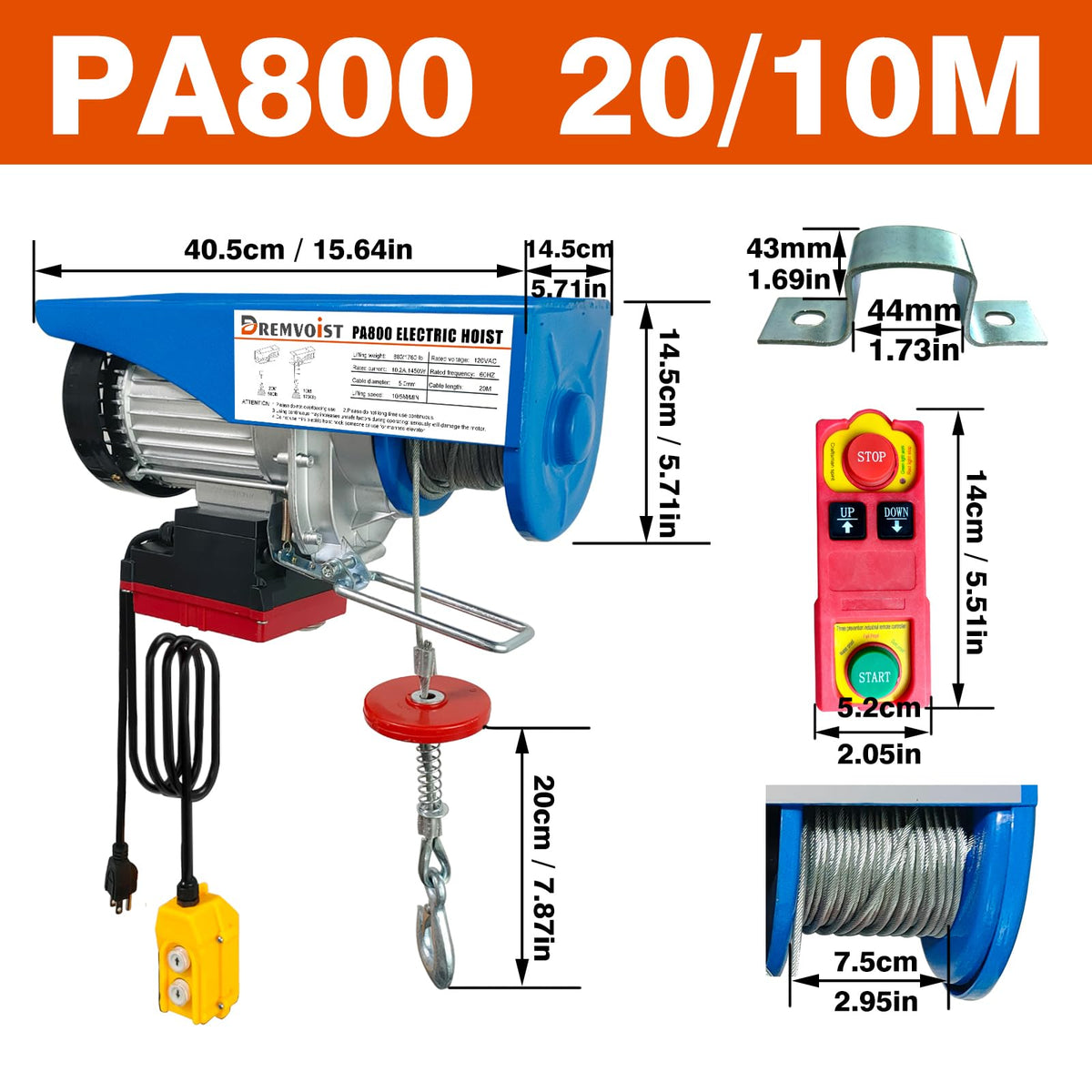 Electric Hoist 110V 1760 LBS with Remote Control F433144
