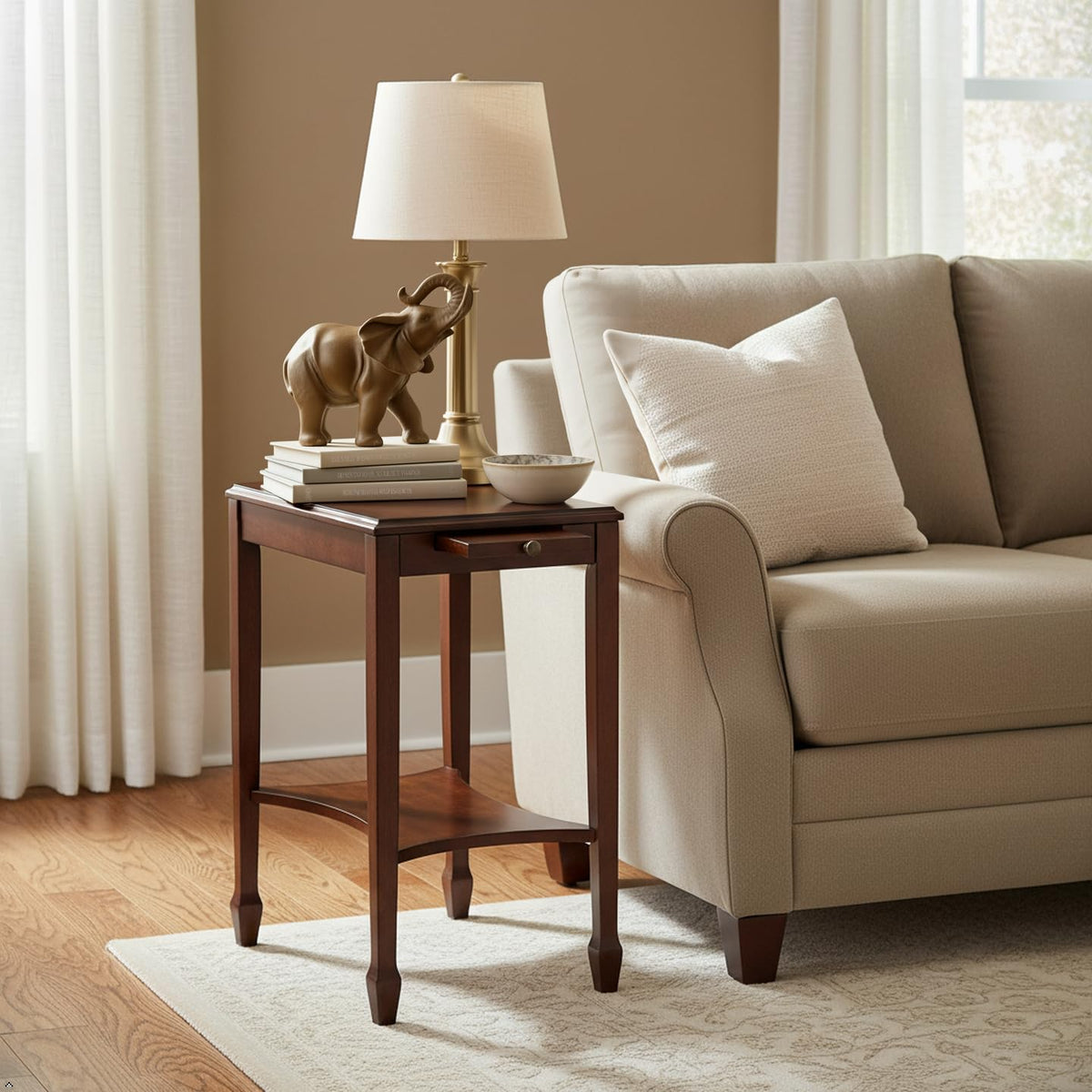 Traditional Rectangular Wood Side Table with Pull-Out Tray F935576