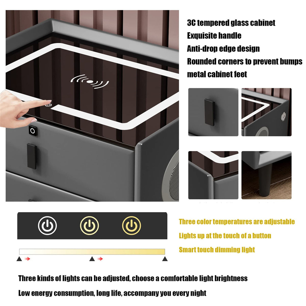 Gray Nightstand with Lock Drawer, Wireless Charging, USB Port and LED Lights C2800