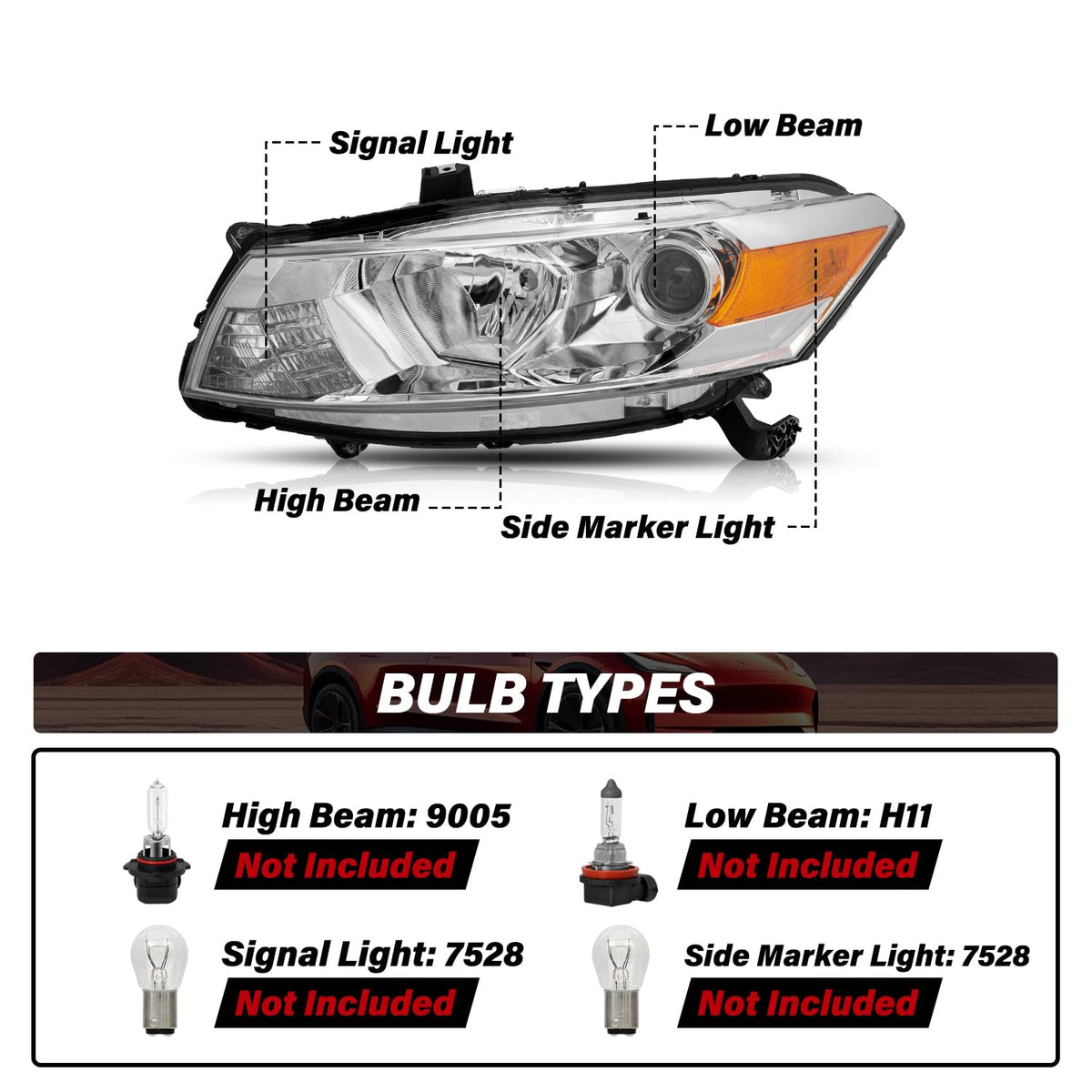 Headlight Assembly Replacement Chrome Housing with Amber Reflector H488518