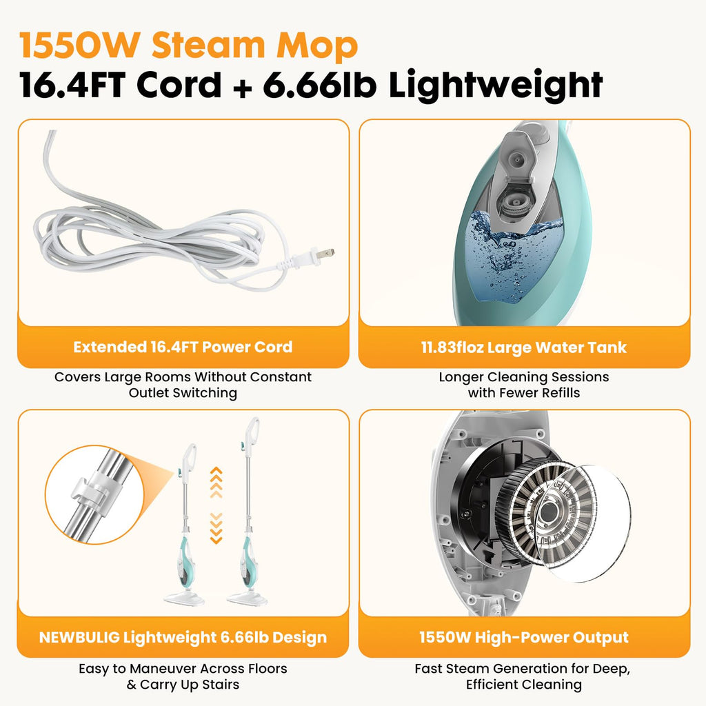 14-in-1 Steam Mop Detachable Handheld Steam Cleaner with 2 Washable Pads W637