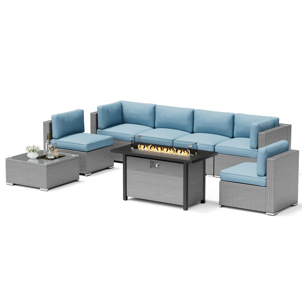 8 Piece Grey PE Wicker Patio Sectional Sofa Set with Fire Pit Table H691