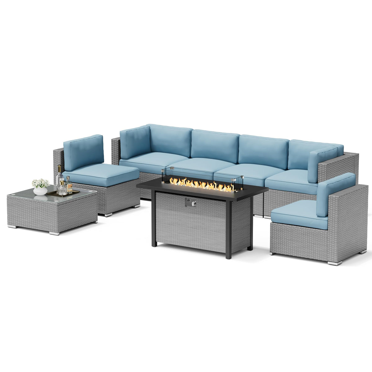 8 Piece Grey PE Wicker Patio Sectional Sofa Set with Fire Pit Table H691