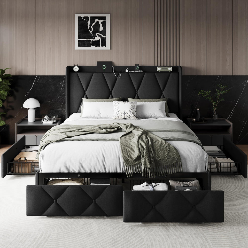 Queen Bed Frame with 4 Storage Drawers and Charging Station W482