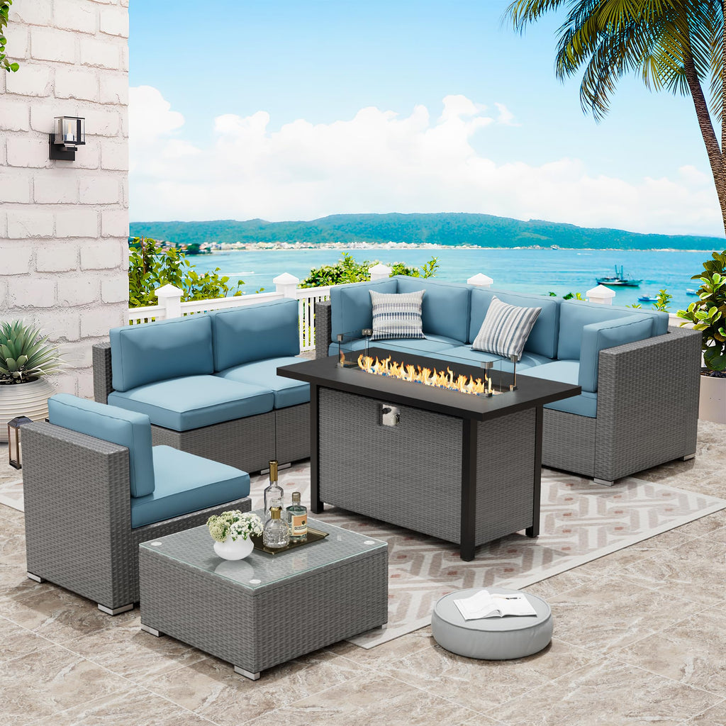 8 Piece Grey PE Wicker Patio Sectional Sofa Set with Fire Pit Table H691