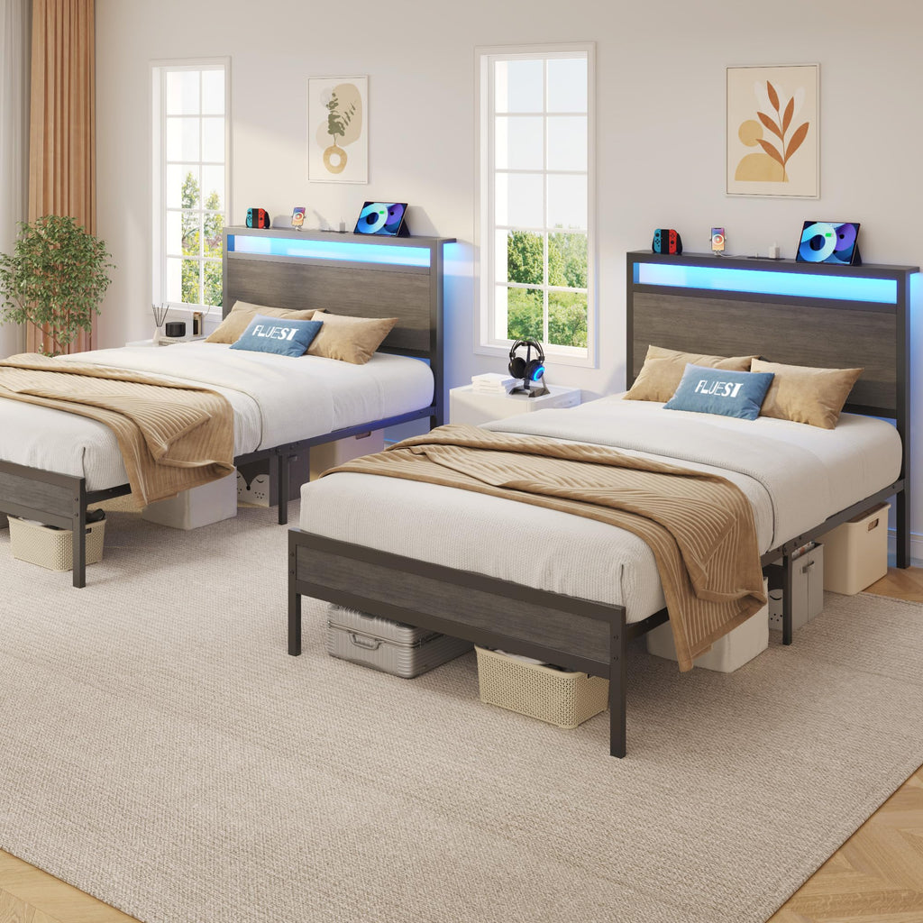 Twin Bed Frame with Headboard & Footboard, Charging Station & LED Light, Rustic Grey U91104