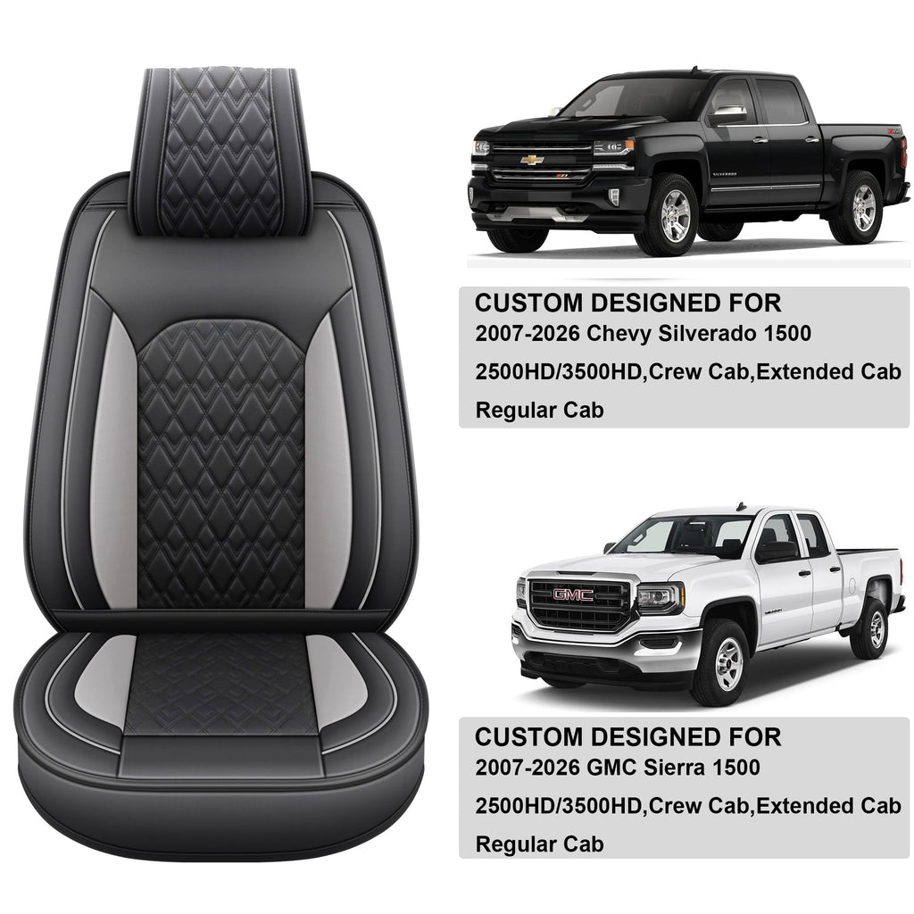 Leather Seat Covers for Chevy Silverado GMC Sierra, Custom Fit, Front Pair, Black Grey W4819