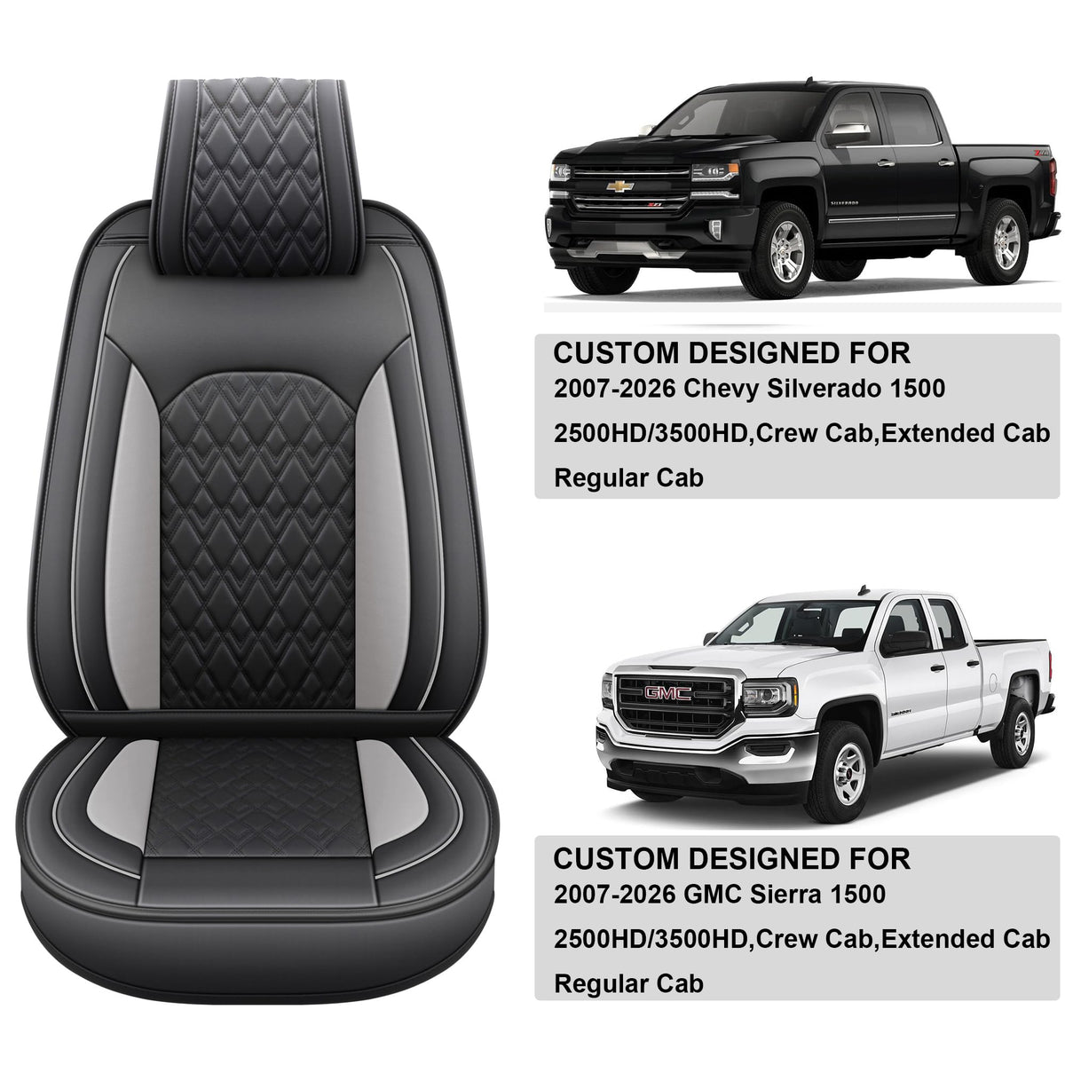 Leather Seat Covers for Chevy Silverado GMC Sierra, Custom Fit, Front Pair, Black Grey W4819