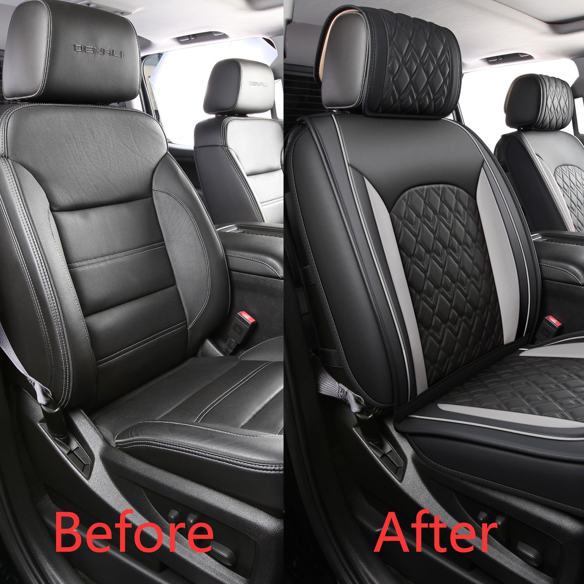 Leather Seat Covers for Chevy Silverado GMC Sierra, Custom Fit, Front Pair, Black Grey W4819