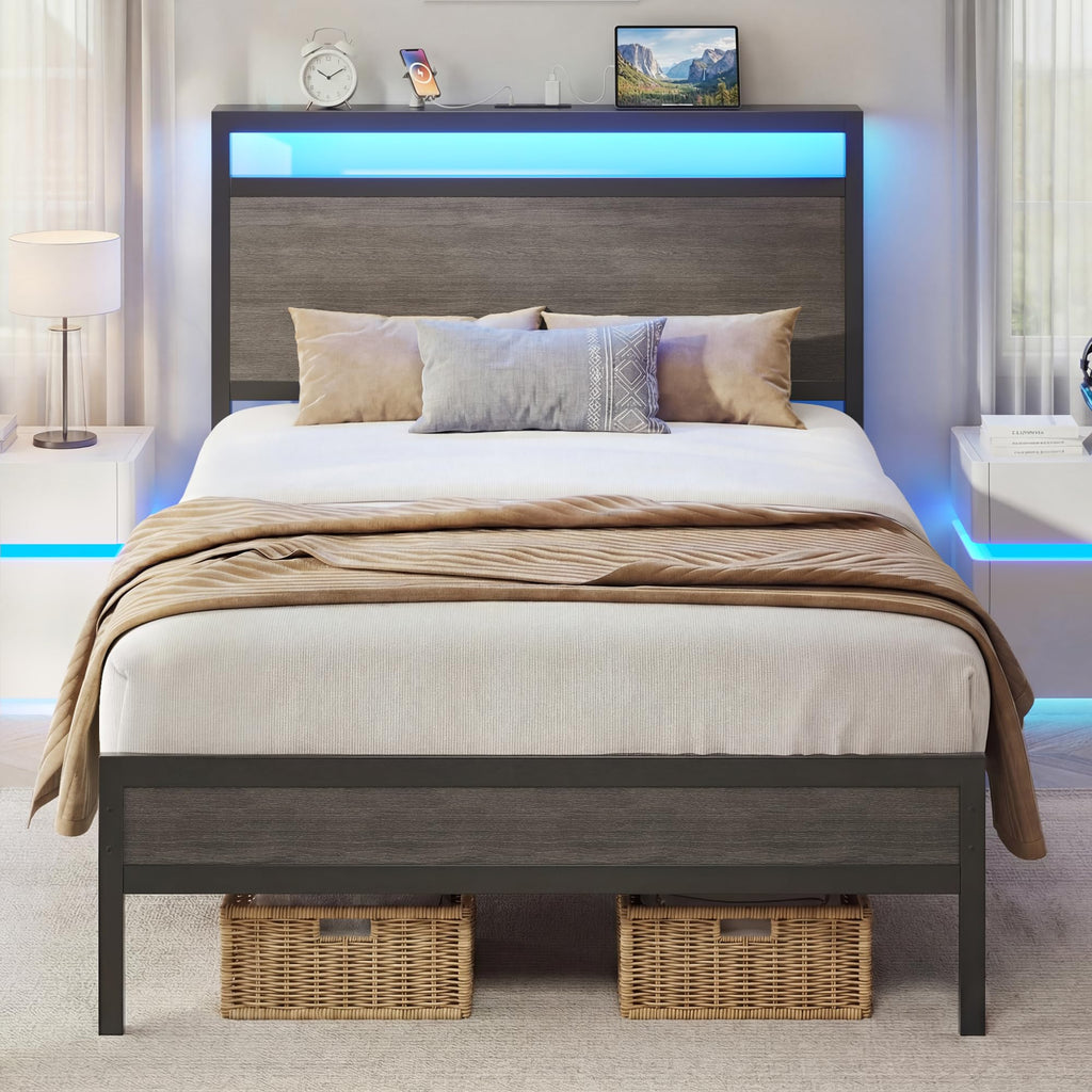 Twin Bed Frame with Headboard & Footboard, Charging Station & LED Light, Rustic Grey U91104