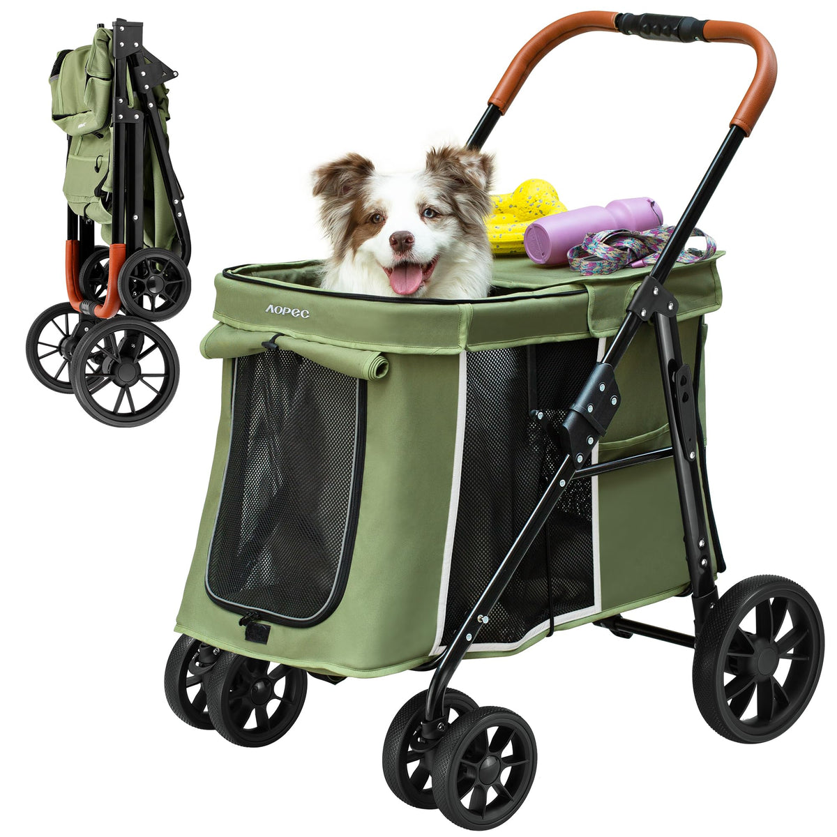 Medium Dog Stroller, One-Touch Folding, 360° Rotating Front Wheels, 80 lbs Weight Capacity, Green F358