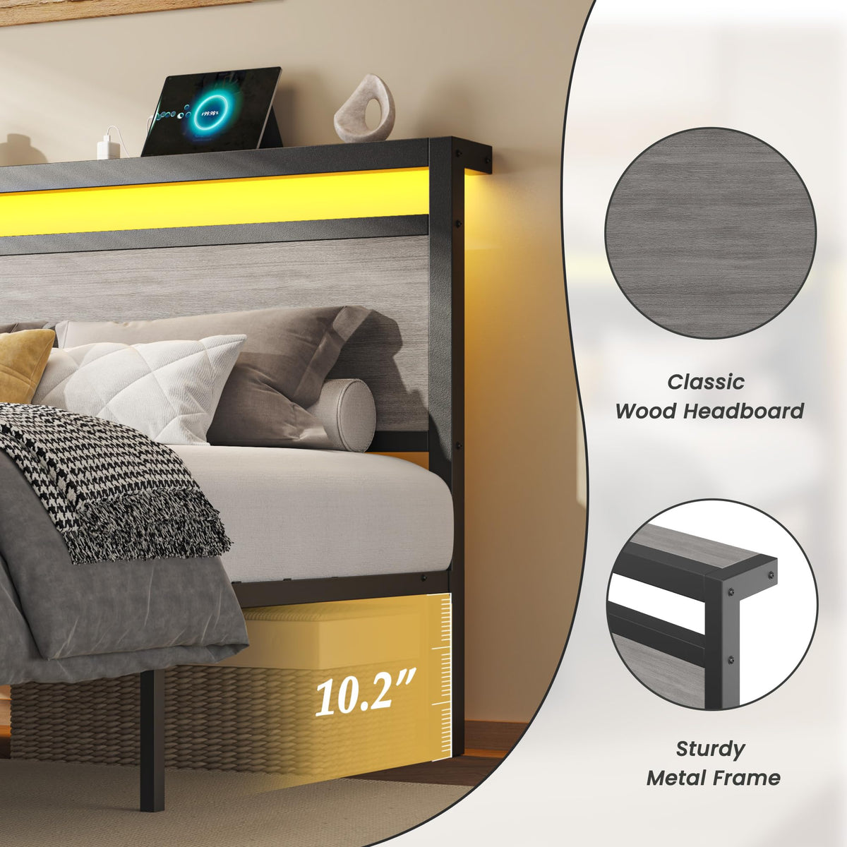 Queen Size Storage Bed Frame with Wood Headboard and LED Lights A645