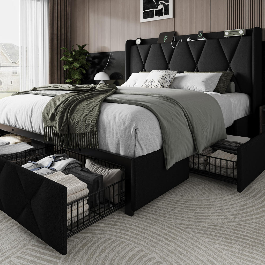 Queen Bed Frame with 4 Storage Drawers and Charging Station W482