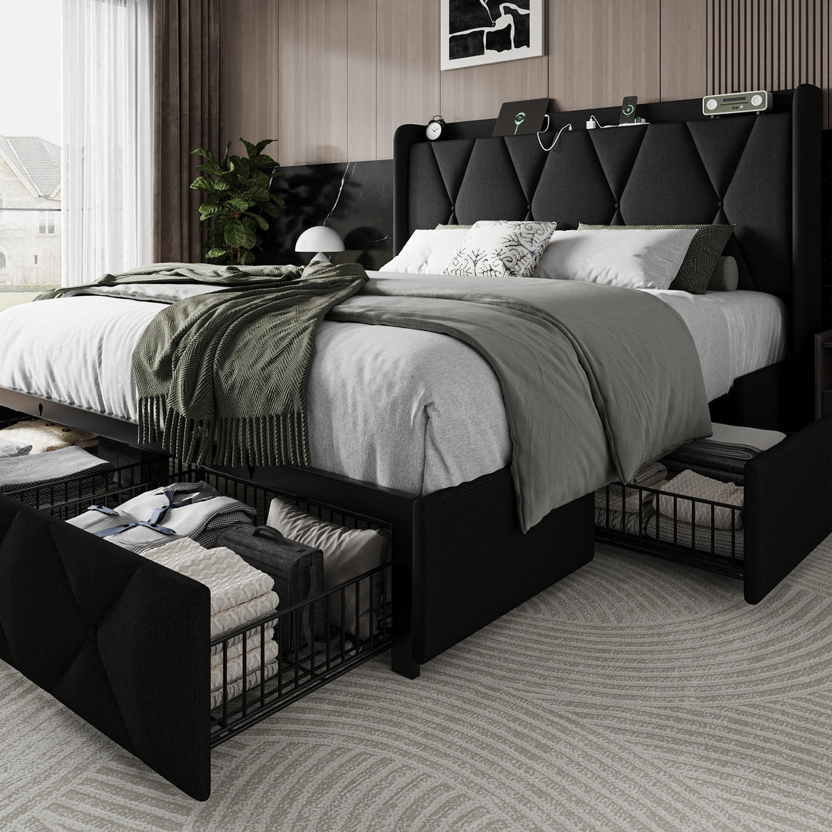 Queen Bed Frame with 4 Storage Drawers and Charging Station W482