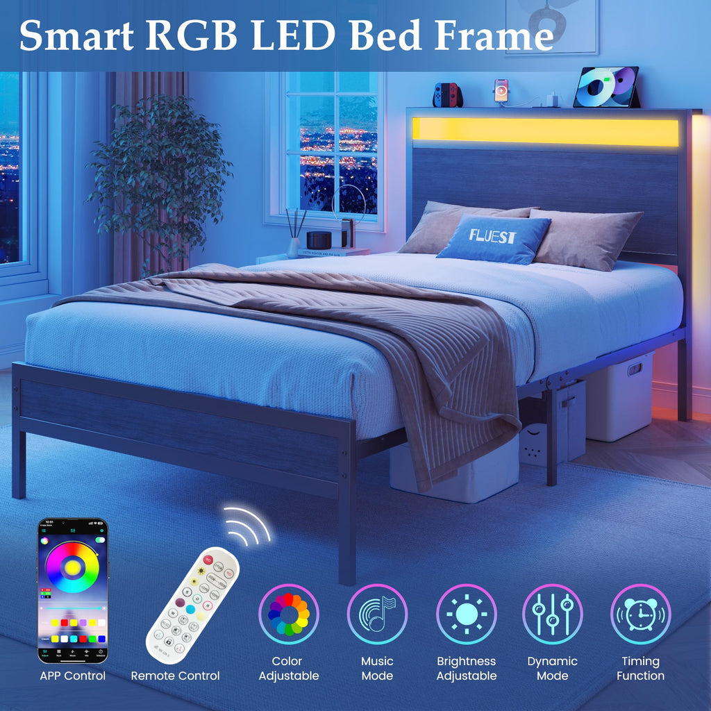 Twin Bed Frame with Headboard & Footboard, Charging Station & LED Light, Rustic Grey U91104