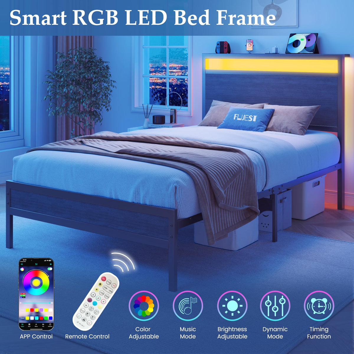 Twin Bed Frame with Headboard & Footboard, Charging Station & LED Light, Rustic Grey U91104