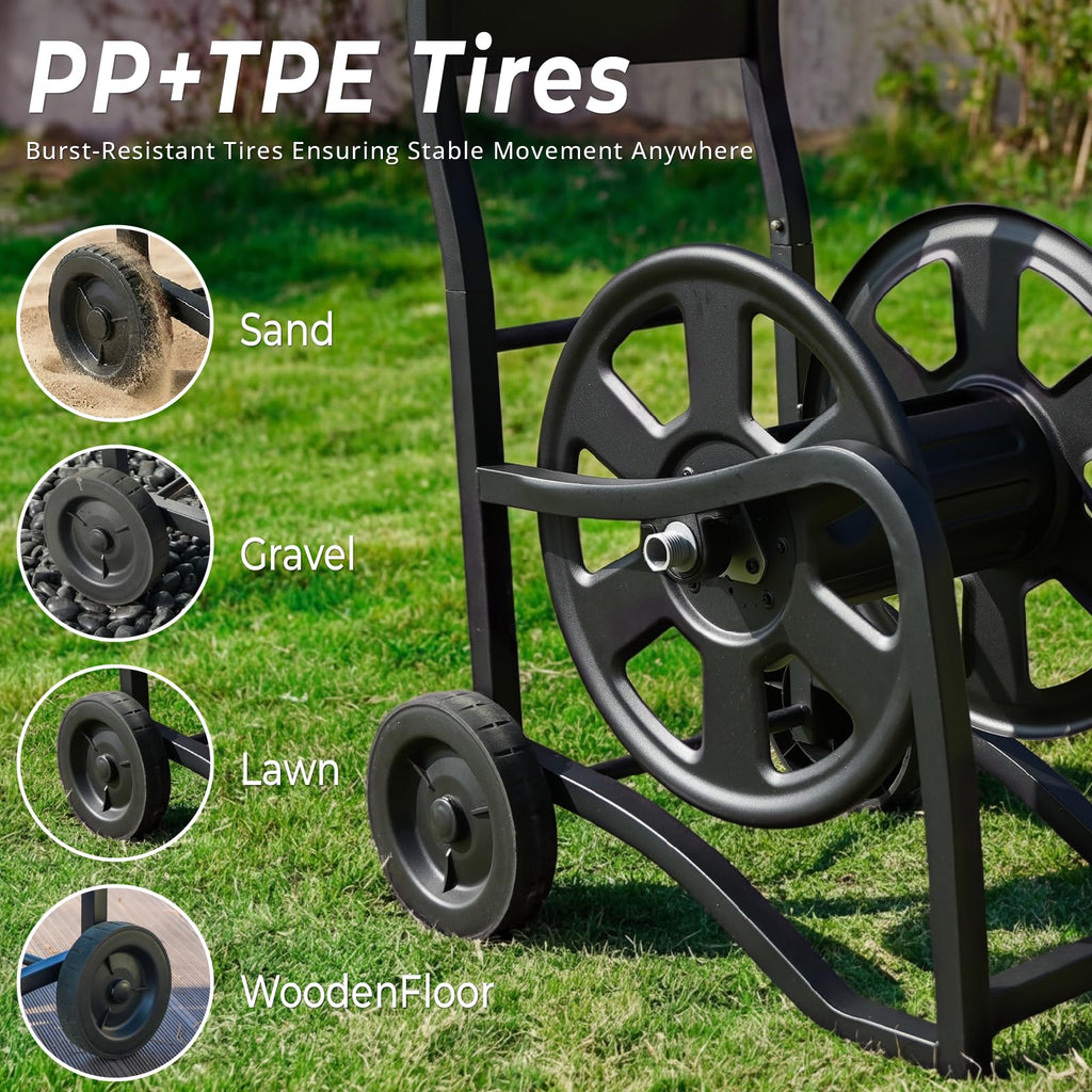 Heavy Duty Metal Garden Hose Reel Cart with Wheels, Holds 200FT Hose Y695