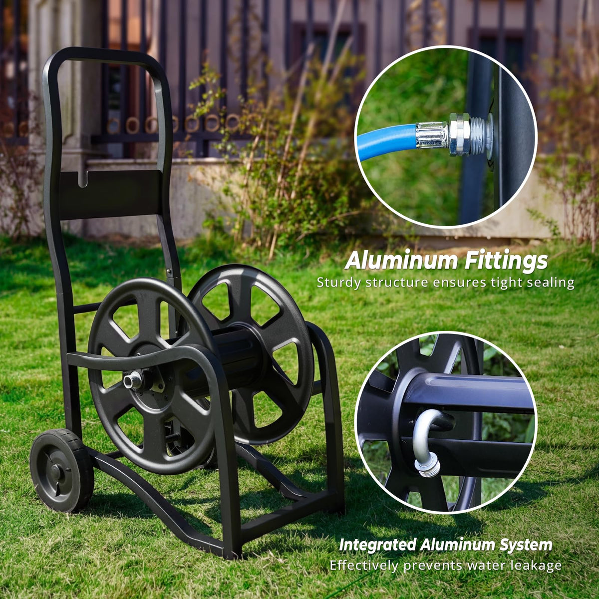 Heavy Duty Metal Garden Hose Reel Cart with Wheels, Holds 200FT Hose Y695