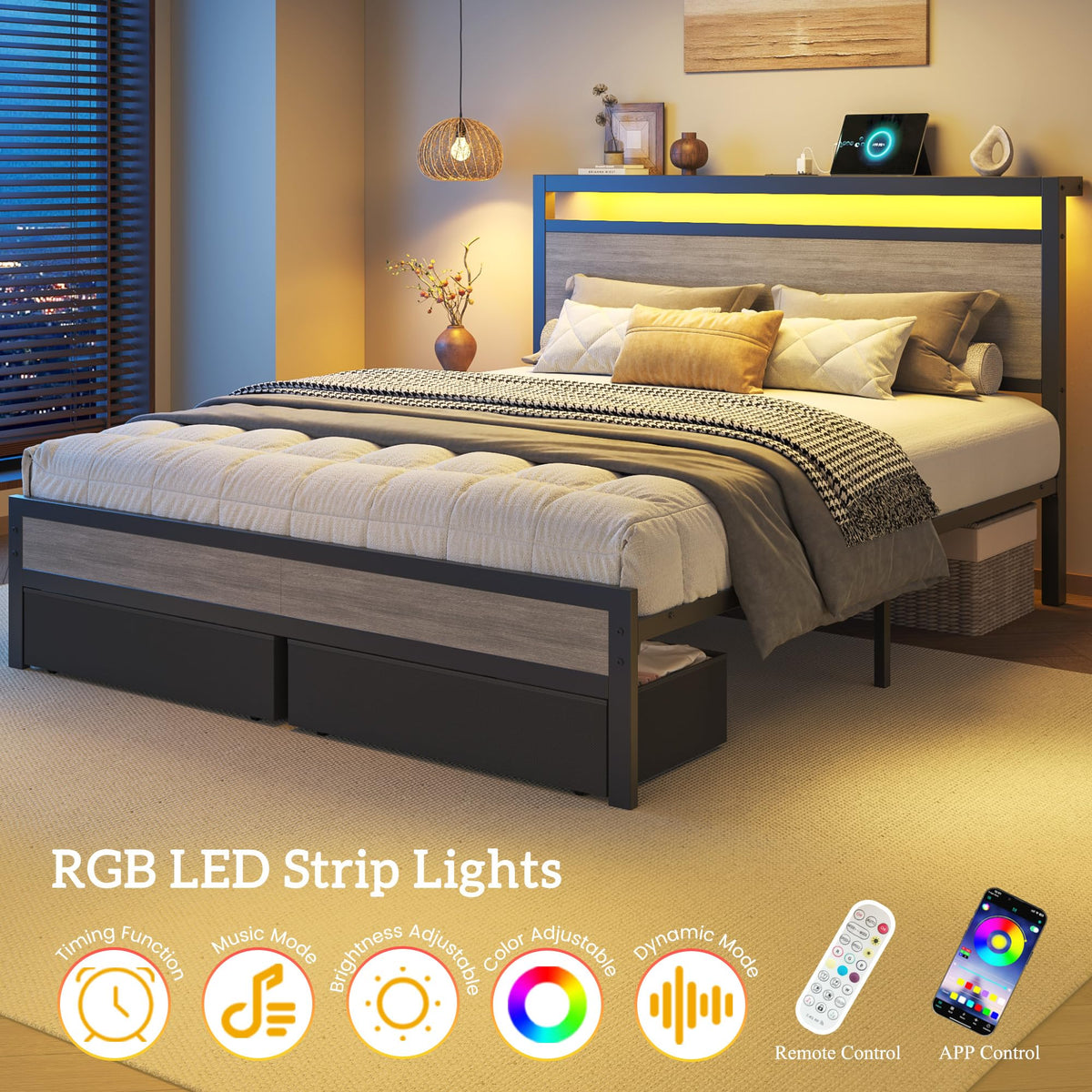 Queen Size Storage Bed Frame with Wood Headboard and LED Lights A645