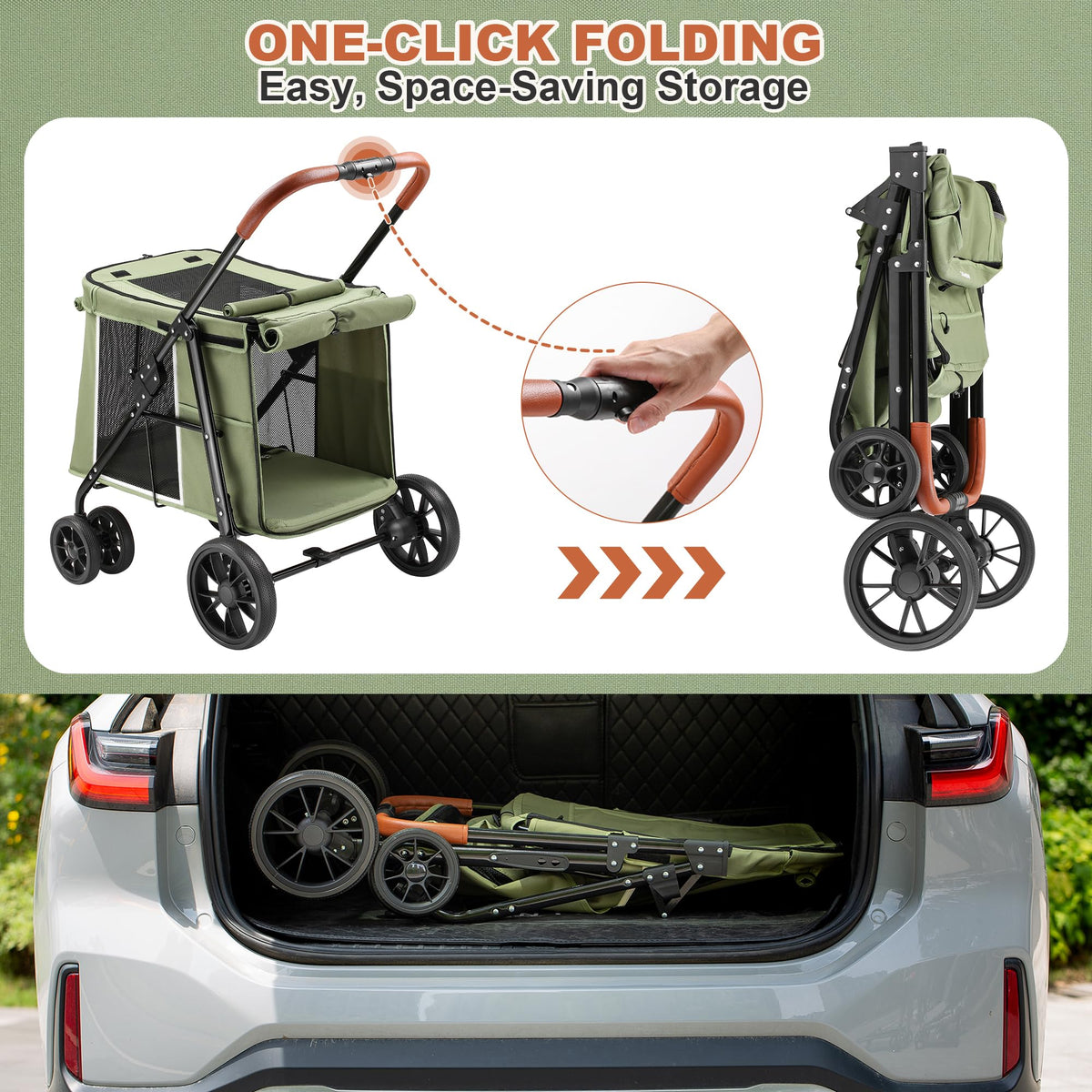 Medium Dog Stroller, One-Touch Folding, 360° Rotating Front Wheels, 80 lbs Weight Capacity, Green F358