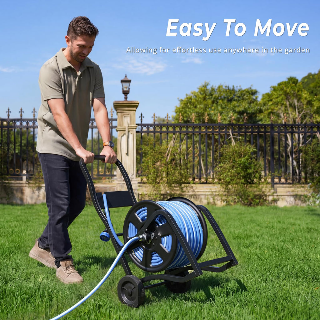 Heavy Duty Metal Garden Hose Reel Cart with Wheels, Holds 200FT Hose Y695