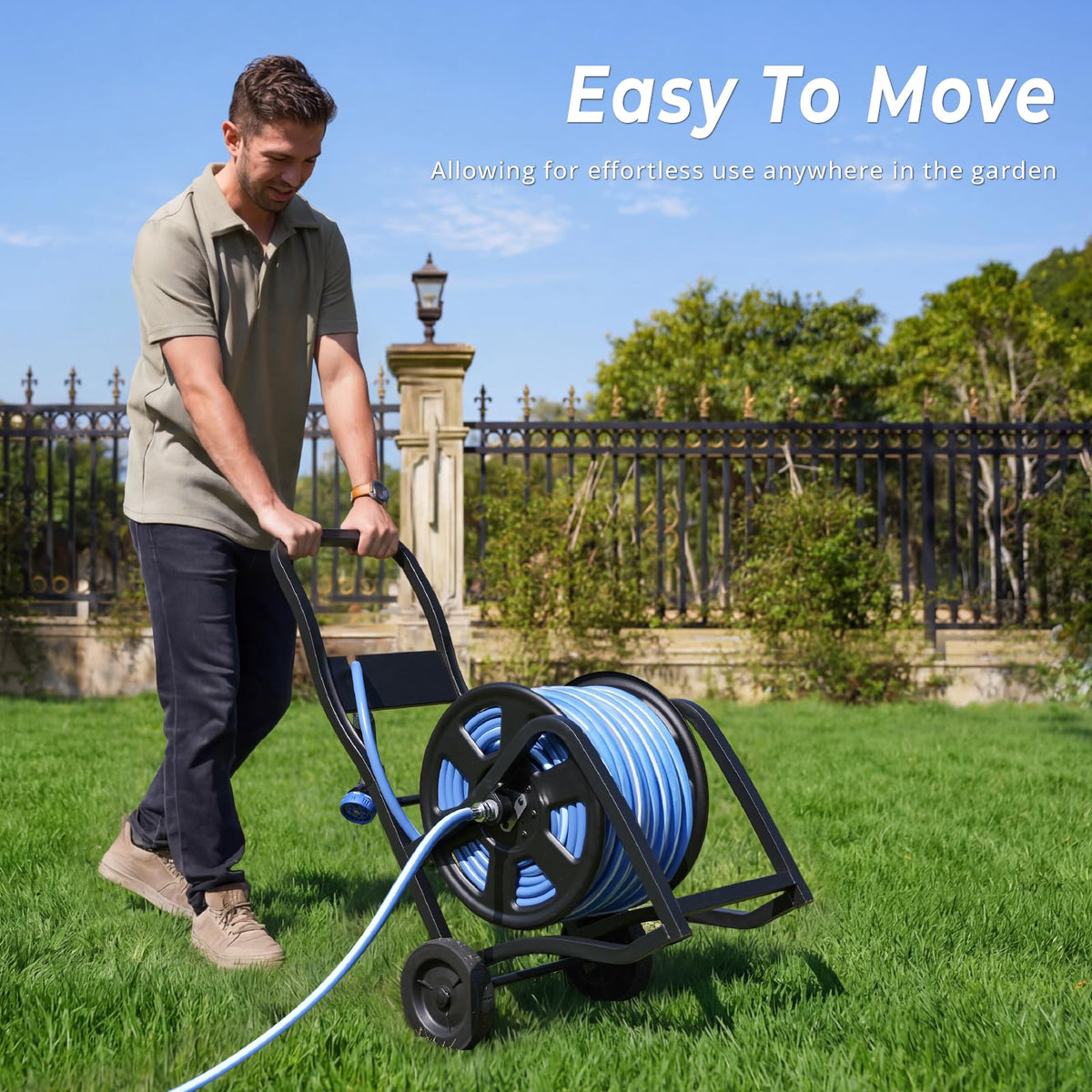 Heavy Duty Metal Garden Hose Reel Cart with Wheels, Holds 200FT Hose Y695
