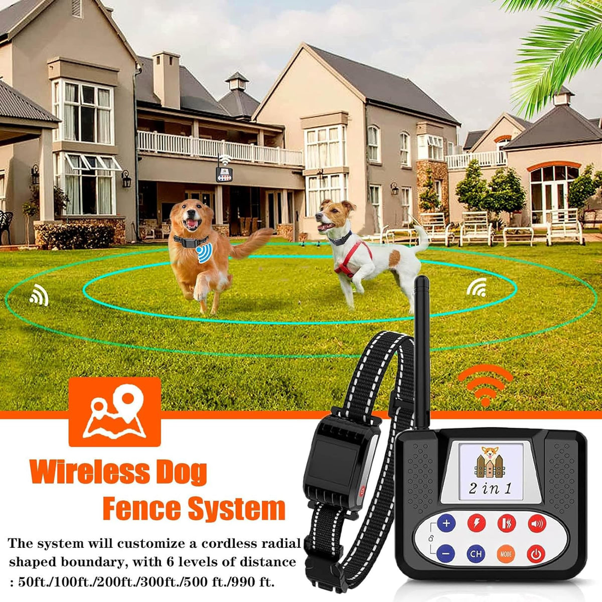 Wireless Electric Dog Fence & Training Collar 2-in-1, Waterproof Rechargeable, Up to 8 Acre E1469