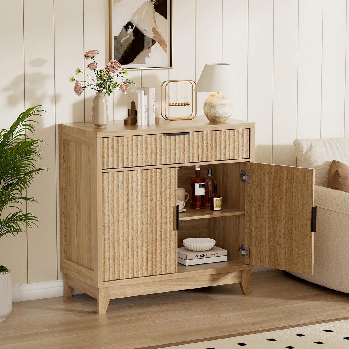 32" Fluted Oak Sideboard Buffet Cabinet with Storage N3339