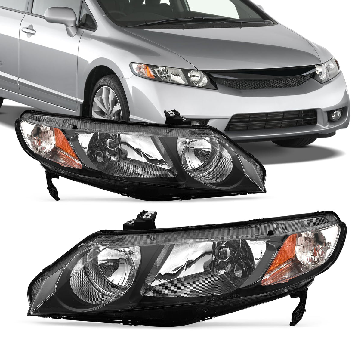 2006-2011 Honda Civic 4 Door Black Headlights Pair D65577
