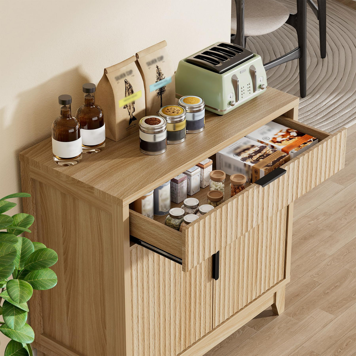 32" Fluted Oak Sideboard Buffet Cabinet with Storage N3339
