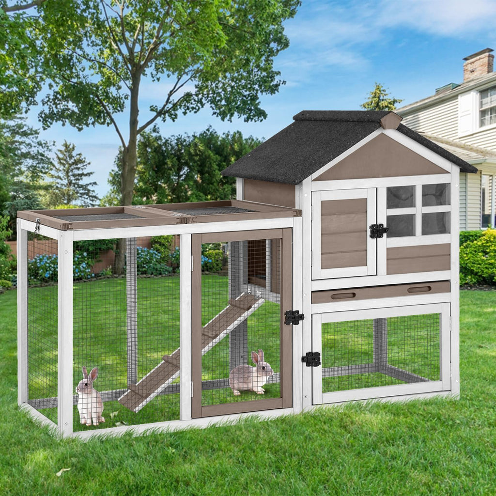 51.6" Large Rabbit Hutch with Run and Tray W29564