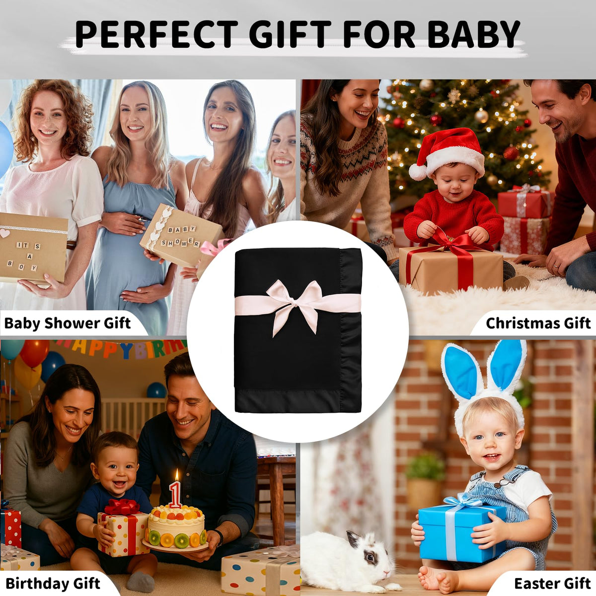 Fleece Baby Blanket with Satin Trim Black 30''x40'' W49664