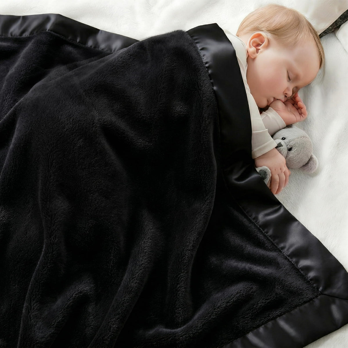 Fleece Baby Blanket with Satin Trim Black 30''x40'' W49664