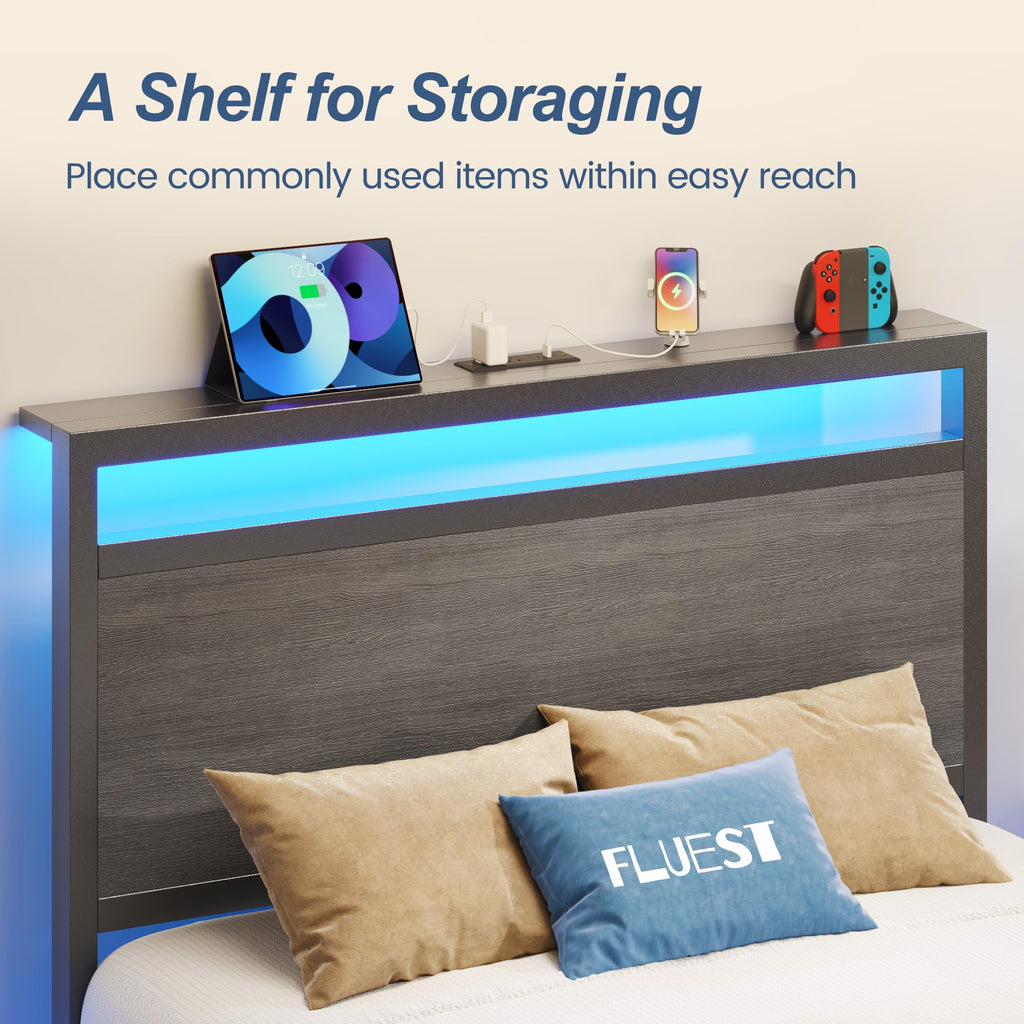 Twin Bed Frame with Headboard & Footboard, Charging Station & LED Light, Rustic Grey U91104