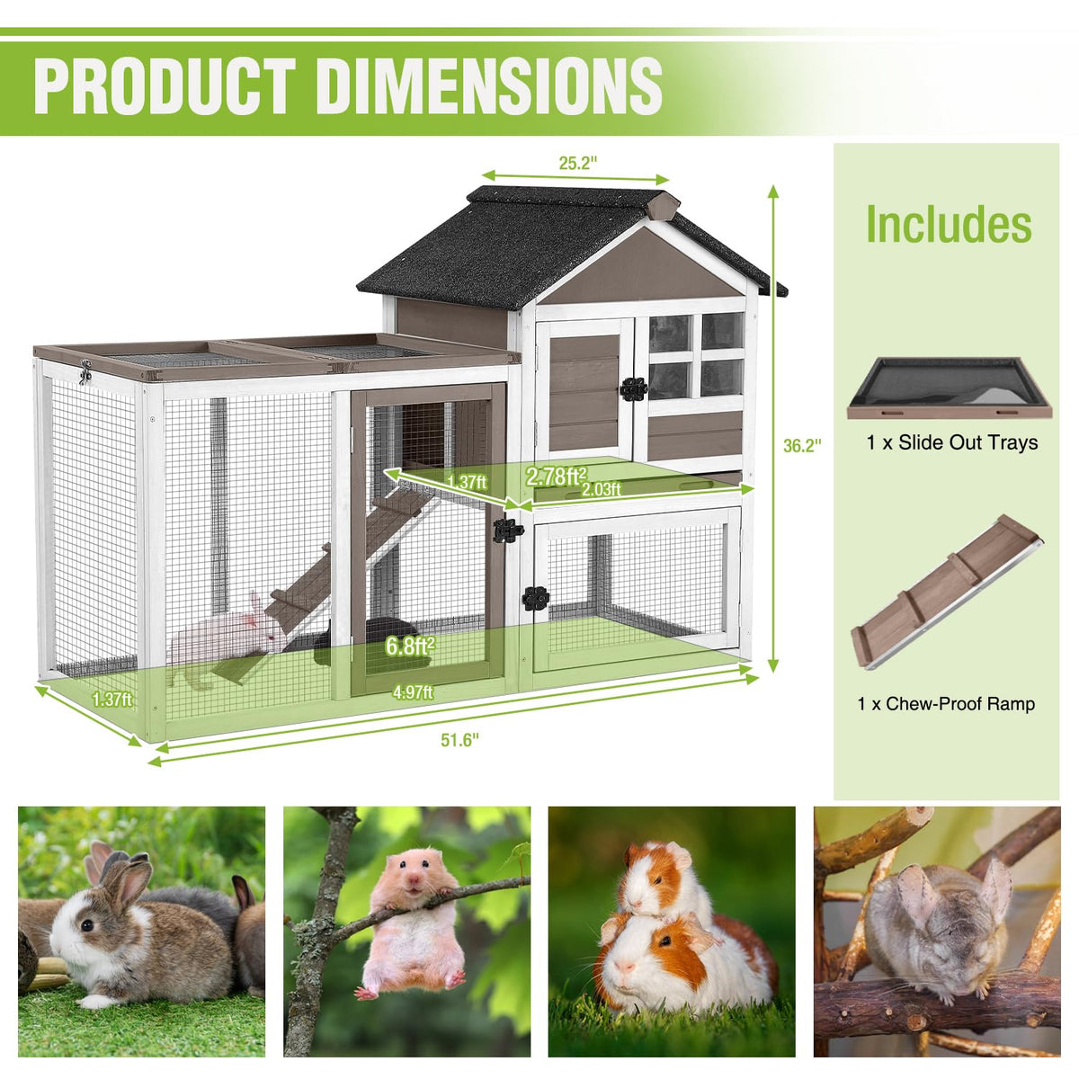 51.6" Large Rabbit Hutch with Run and Tray W29564