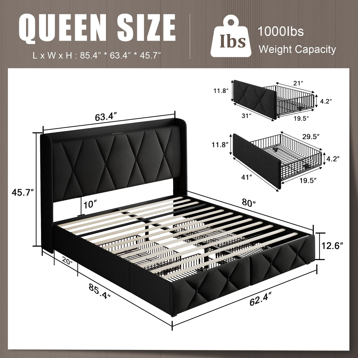 Queen Bed Frame with 4 Storage Drawers and Charging Station W482