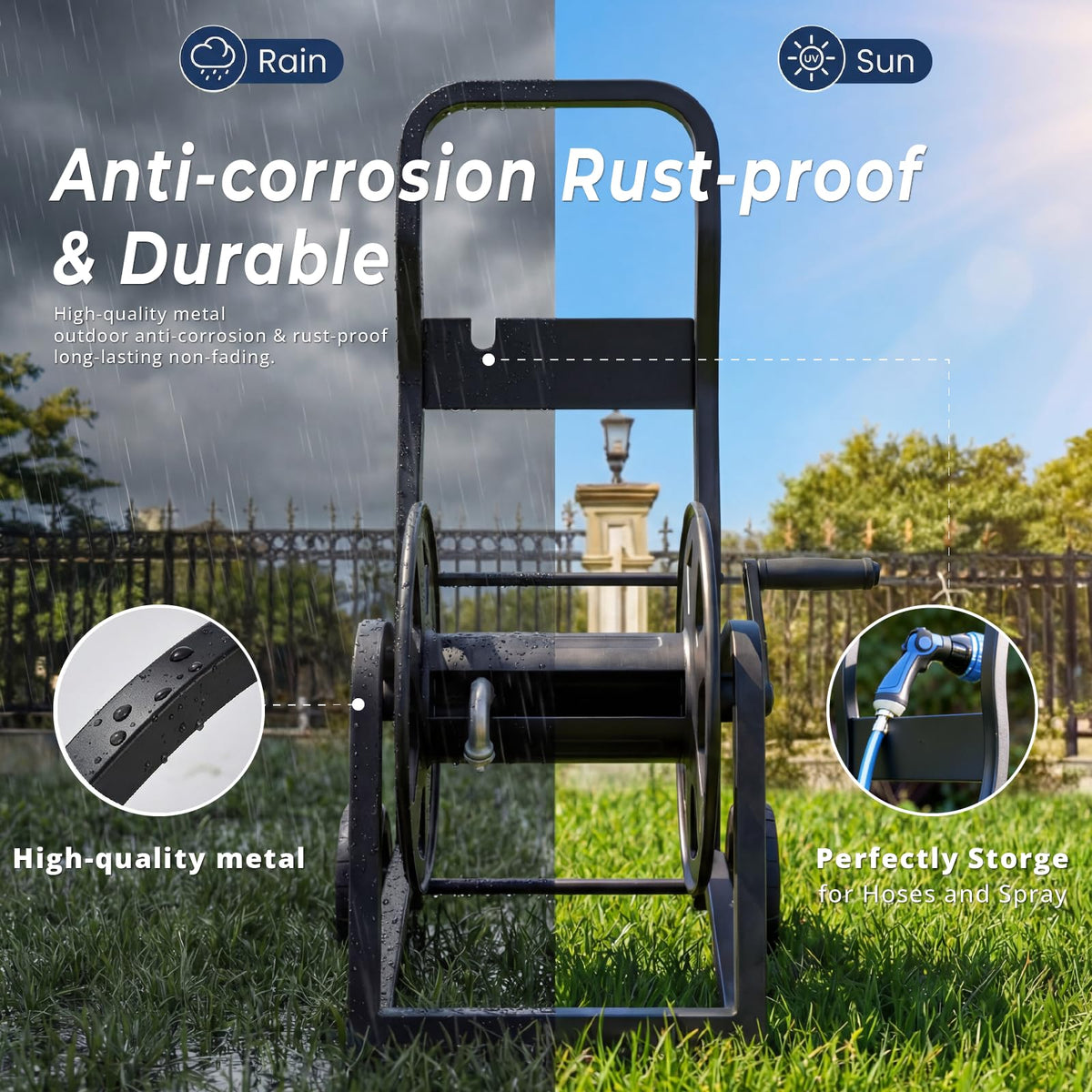 Heavy Duty Metal Garden Hose Reel Cart with Wheels, Holds 200FT Hose Y695