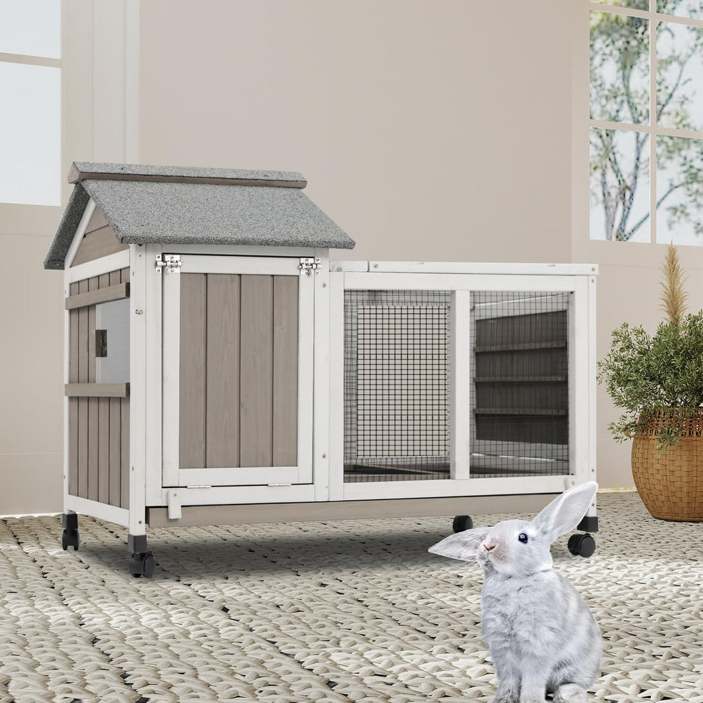 38.19"L Wooden Rabbit Hutch with 4 Wheels and Pull Out Tray P2758