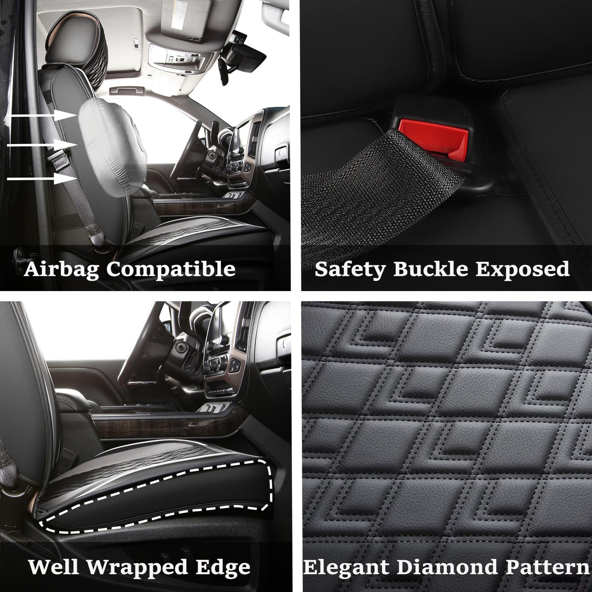 Leather Seat Covers for Chevy Silverado GMC Sierra, Custom Fit, Front Pair, Black Grey W4819