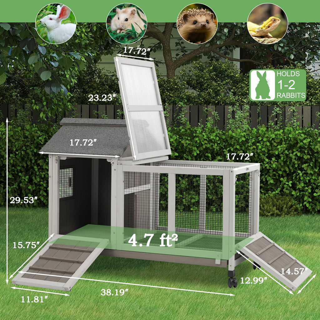 38.19"L Wooden Rabbit Hutch with 4 Wheels and Pull Out Tray P2758