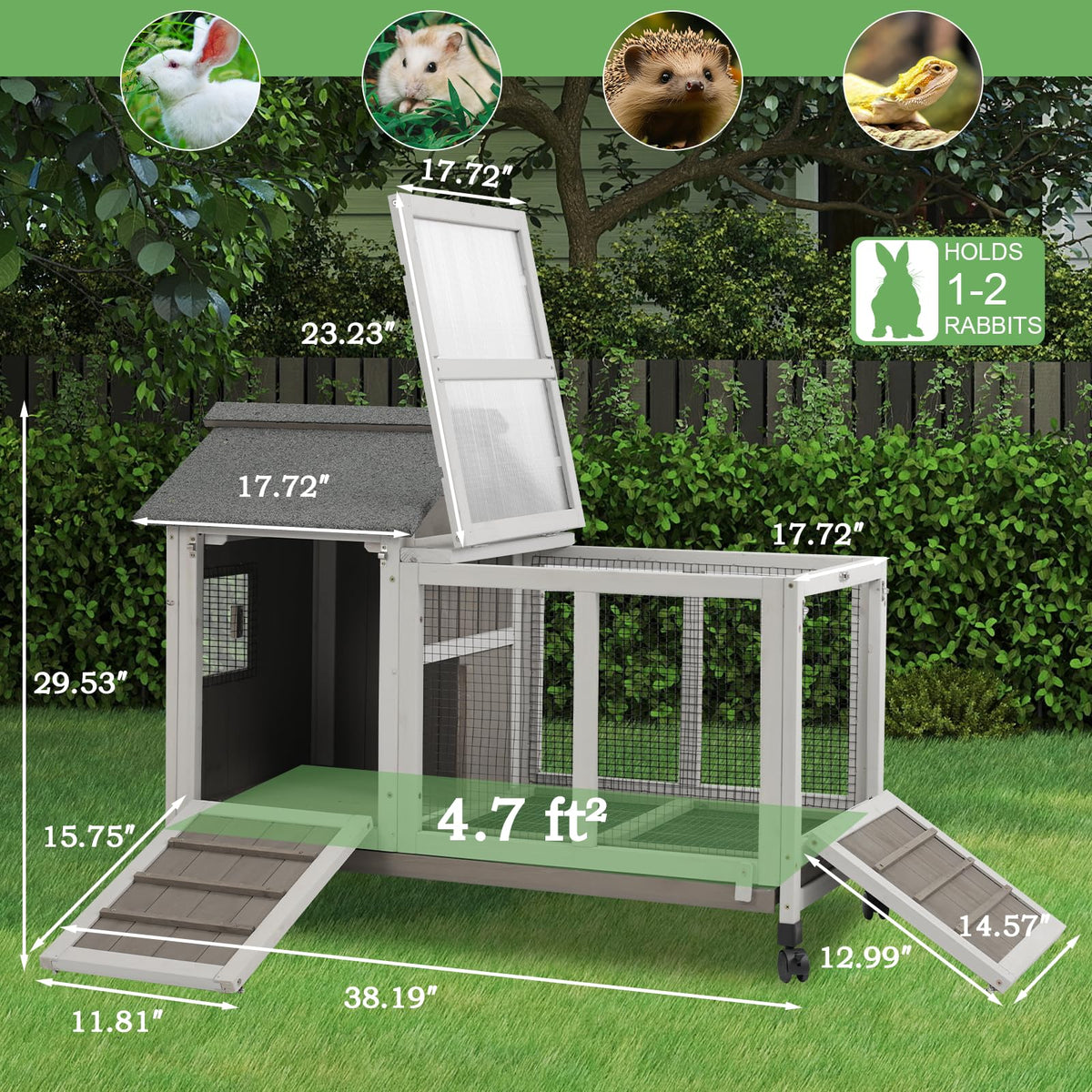 38.19"L Wooden Rabbit Hutch with 4 Wheels and Pull Out Tray P2758