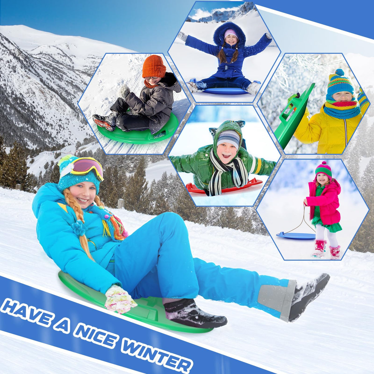 23.6 Inch Round Plastic Snow Saucer Sled with Handles T184537
