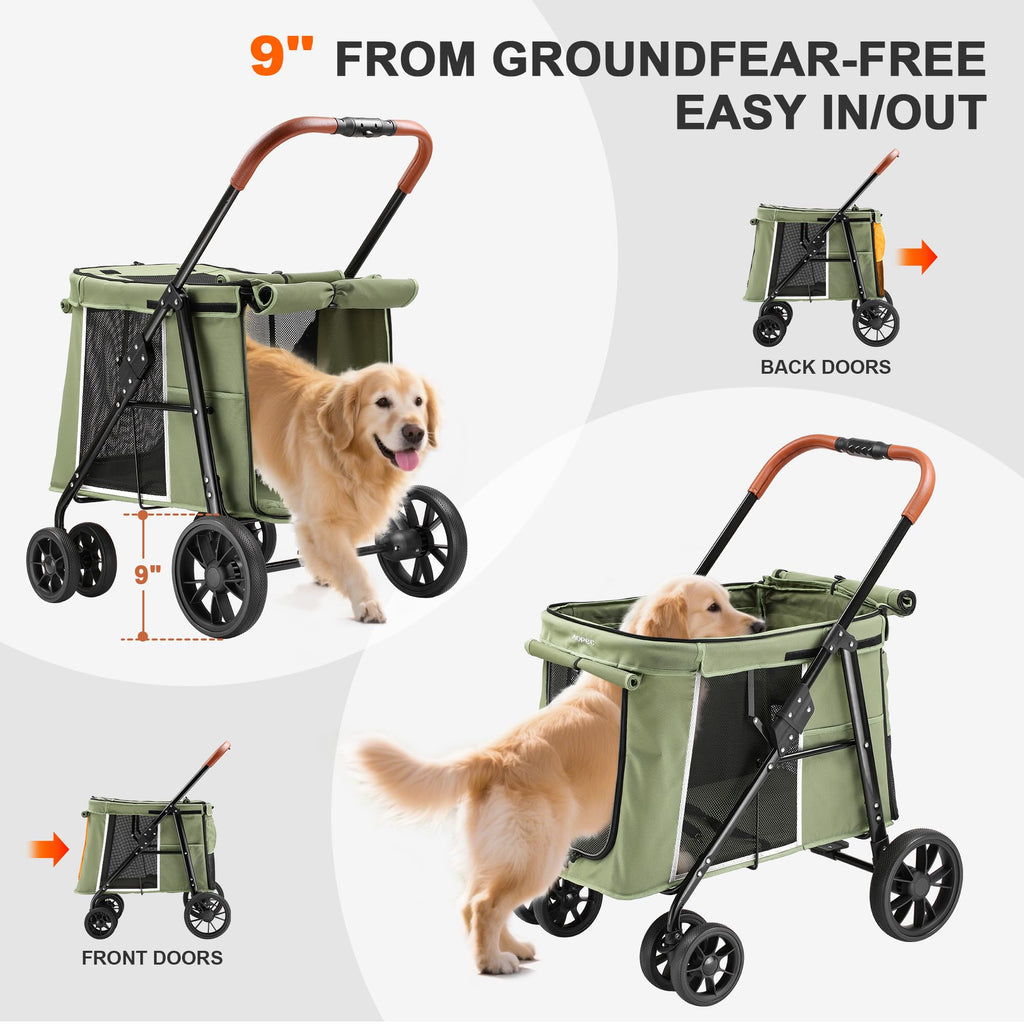 Medium Dog Stroller, One-Touch Folding, 360° Rotating Front Wheels, 80 lbs Weight Capacity, Green F358