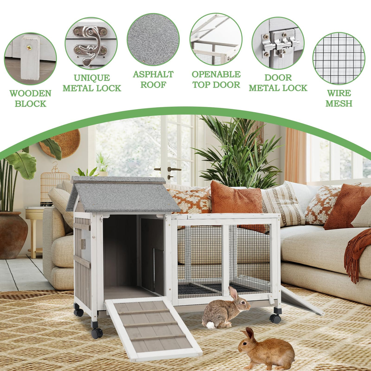 38.19"L Wooden Rabbit Hutch with 4 Wheels and Pull Out Tray P2758