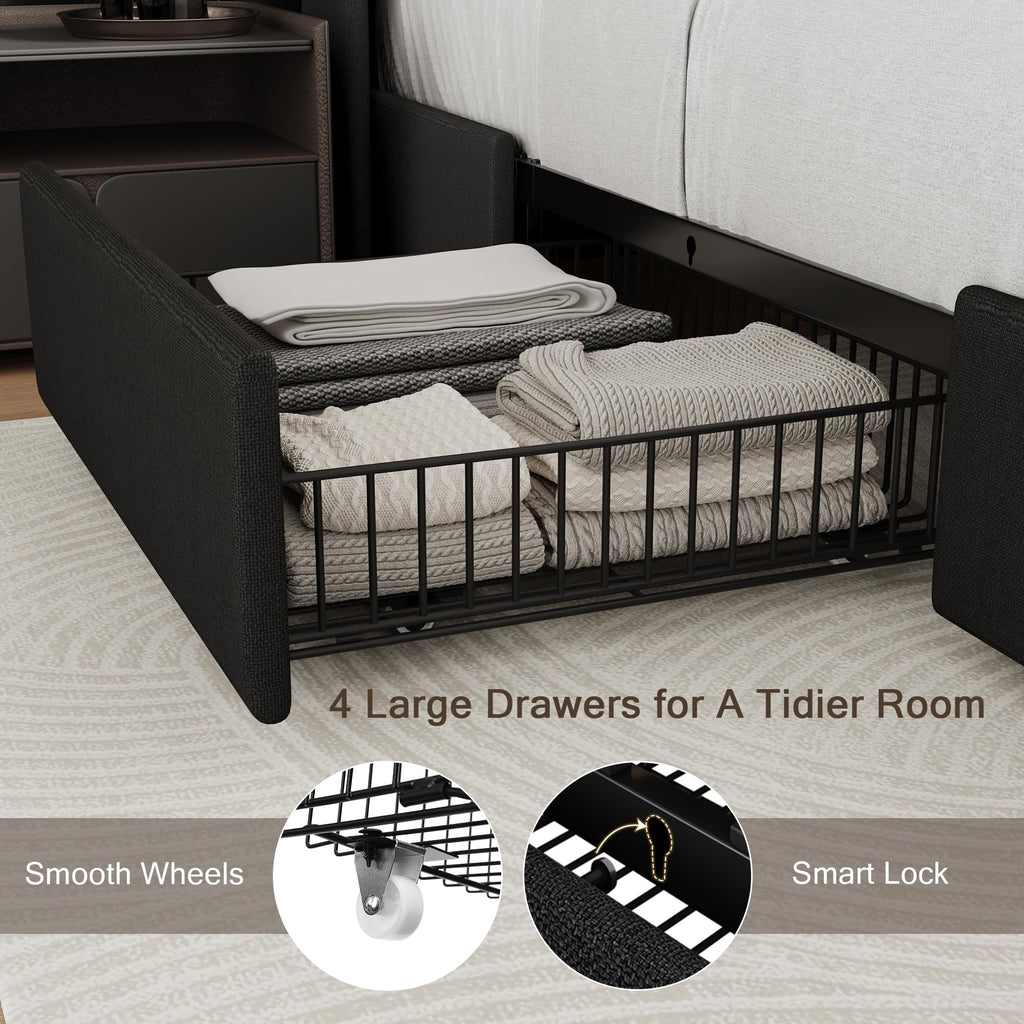 Queen Bed Frame with 4 Storage Drawers and Charging Station W482