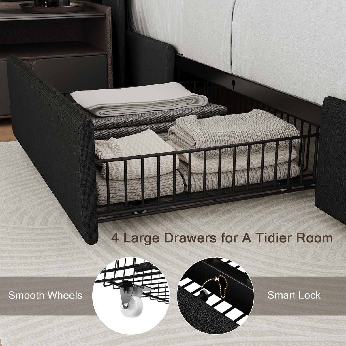 Queen Bed Frame with 4 Storage Drawers and Charging Station W482