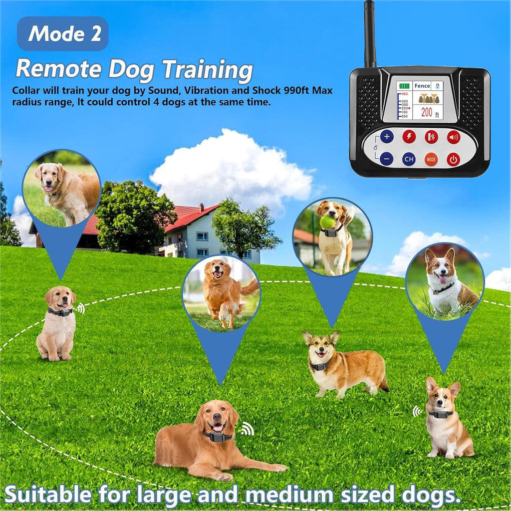 Wireless Electric Dog Fence & Training Collar 2-in-1, Waterproof Rechargeable, Up to 8 Acre E1469