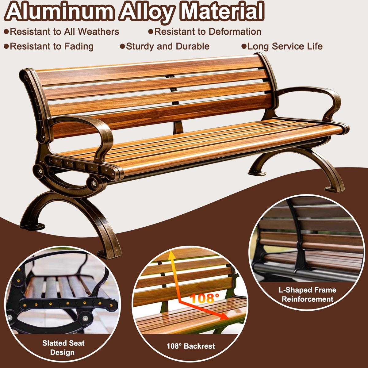 70" Aluminum Alloy Outdoor Bench with Armrest J772251