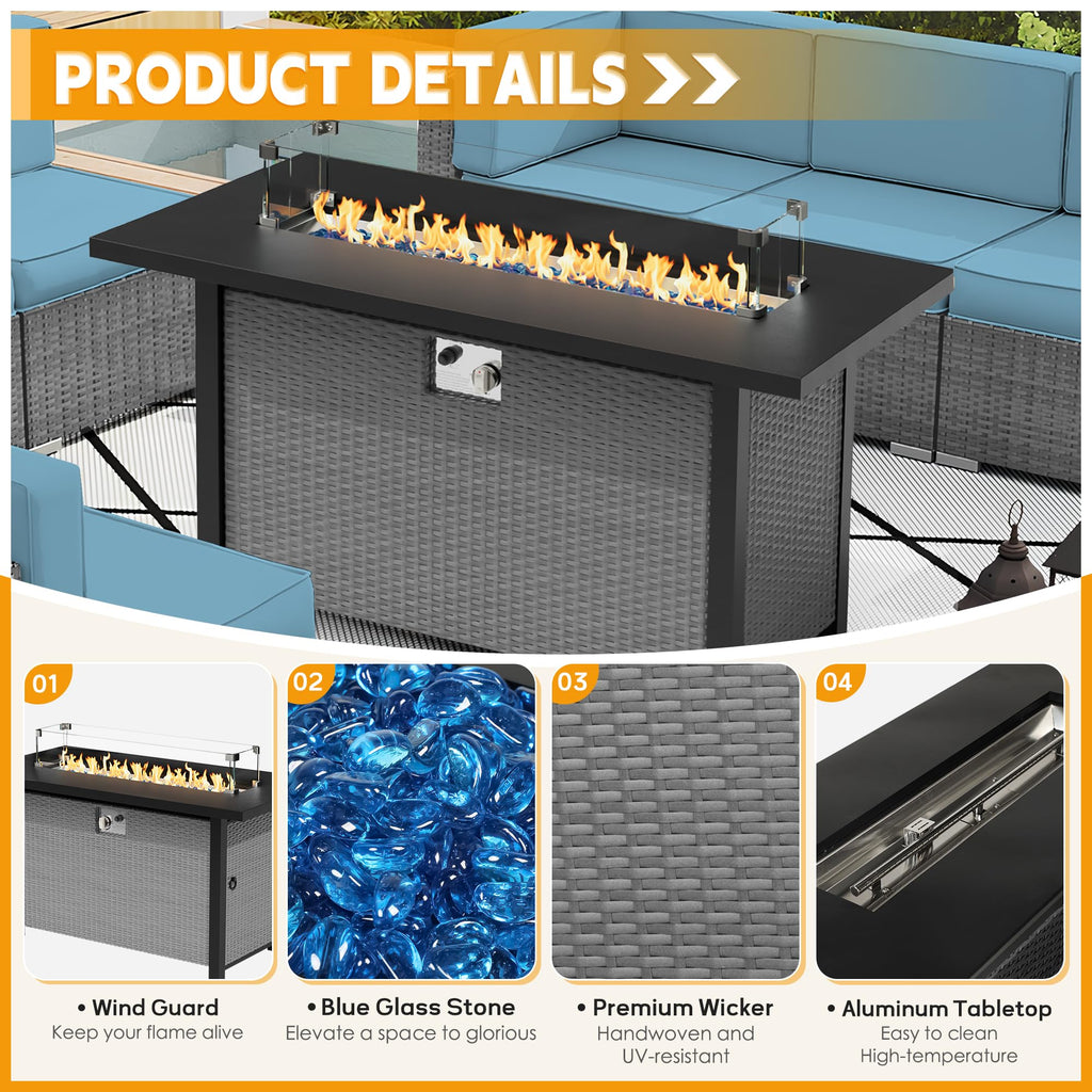 8 Piece Grey PE Wicker Patio Sectional Sofa Set with Fire Pit Table H691