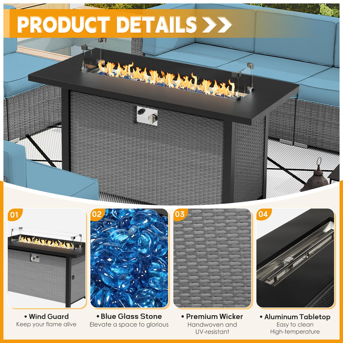 8 Piece Grey PE Wicker Patio Sectional Sofa Set with Fire Pit Table H691